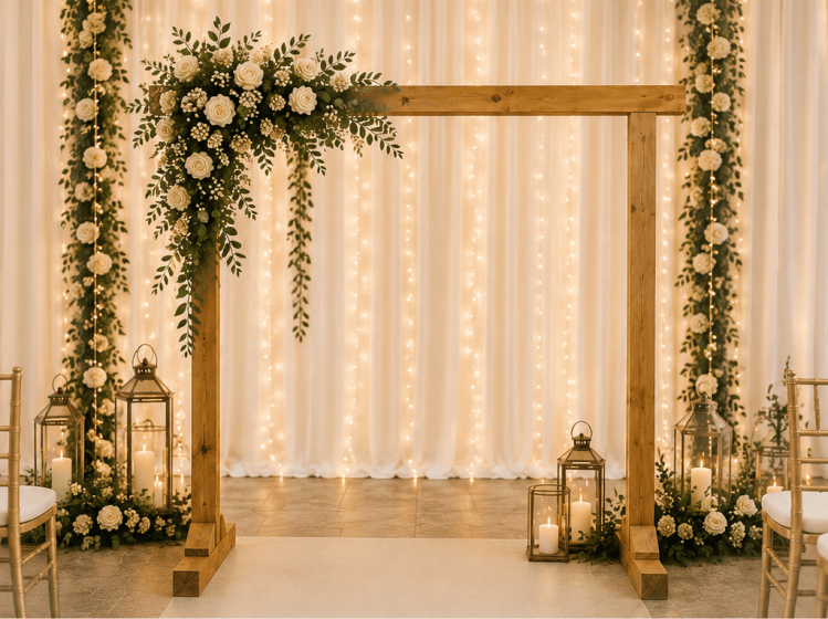 Wedding arch decorated with white and green flowers, perfect for wedding ceremonies and photographs