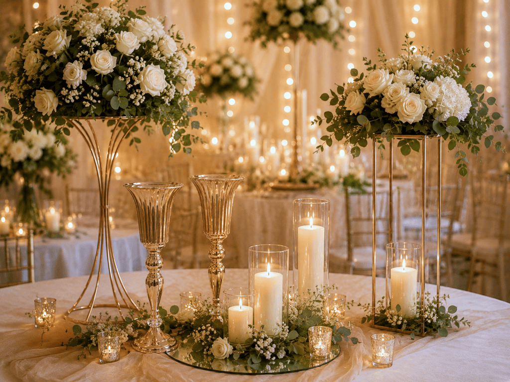 Elegant wedding table centrepieces with floral arrangements, gold stands and candles