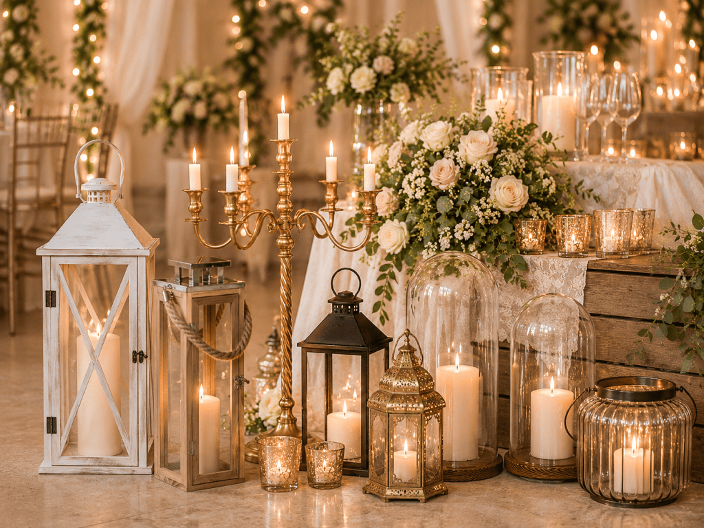 Wedding table decorated with lanterns, candles, floral arrangements and warm decorative lighting