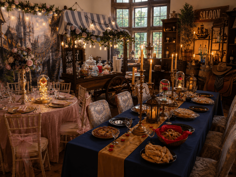Themed wedding and event décor with vintage styling, dining tables and atmospheric lighting