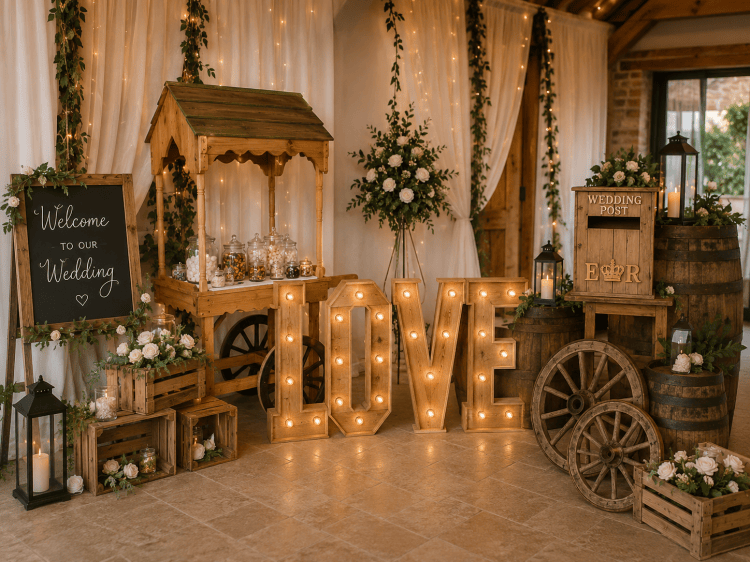 Wedding venue styling with LOVE letters, floral displays, sweet cart and decorative props in Cornwall